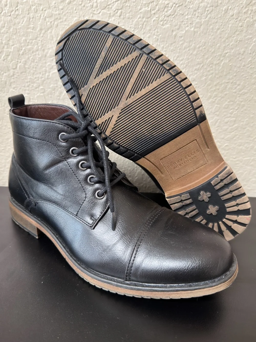 Perry Ellis Portafolio Boots Black Faux Leather Men's MANNING II Lace-Up SZ 9
